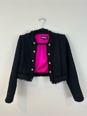 Katie J Black Textured Cropped Jacket with Pink Lining Teen Junior's Size XS